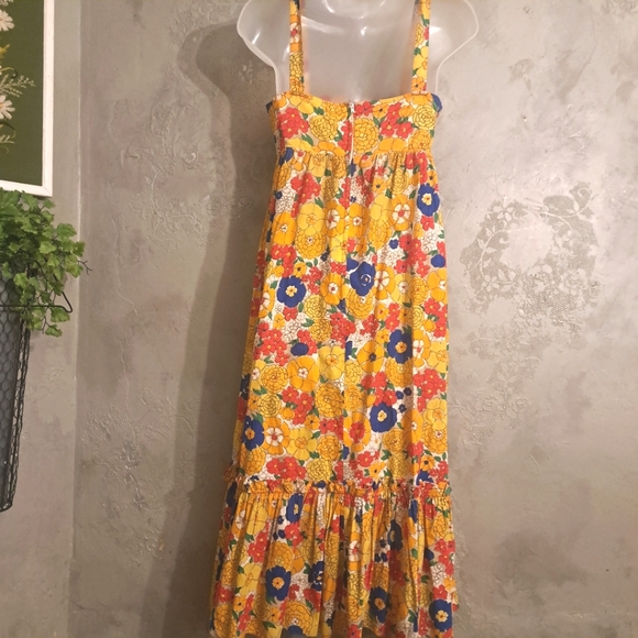 VINTAGE 70S ASSEMBLAGE BRIGHT FLORAL LACE UP FRONT BABYDOLL COTTON MAXI DRESS - Picture 4 of 6